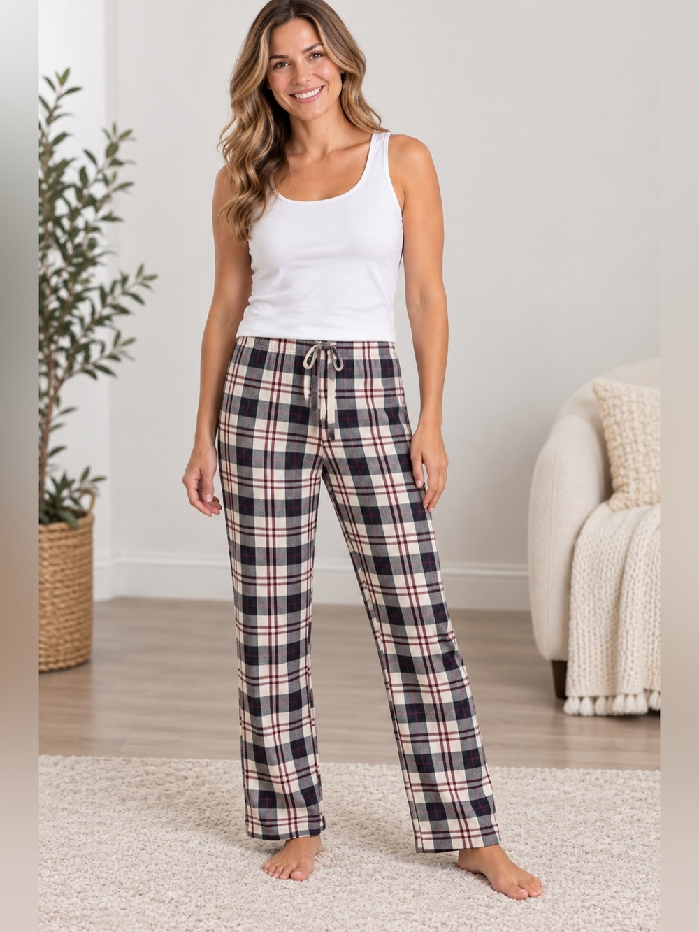 Onix Cotton Plaid Lounge Pants-Cream, Maroon, and Gray Plaid
